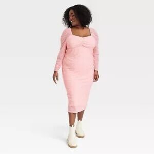House of Aama Women's A-Line Midi Dress Long Sleeve - Pink Polka Dots, XXL